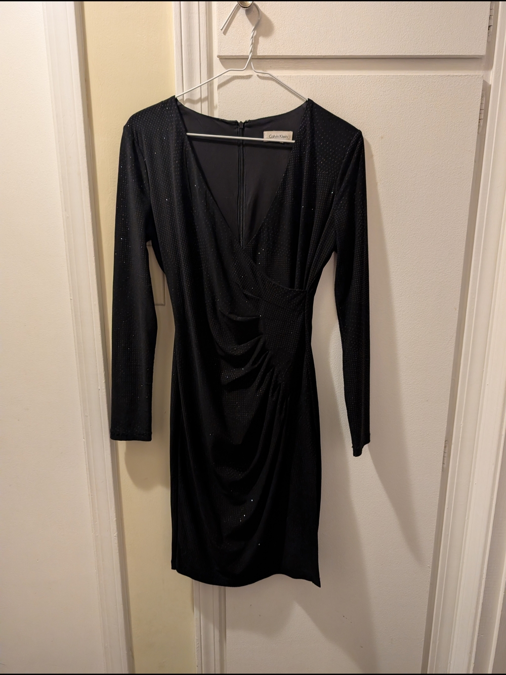 Calvin Klein Black Long Sleeve V-Neck Ruched Mini Dress